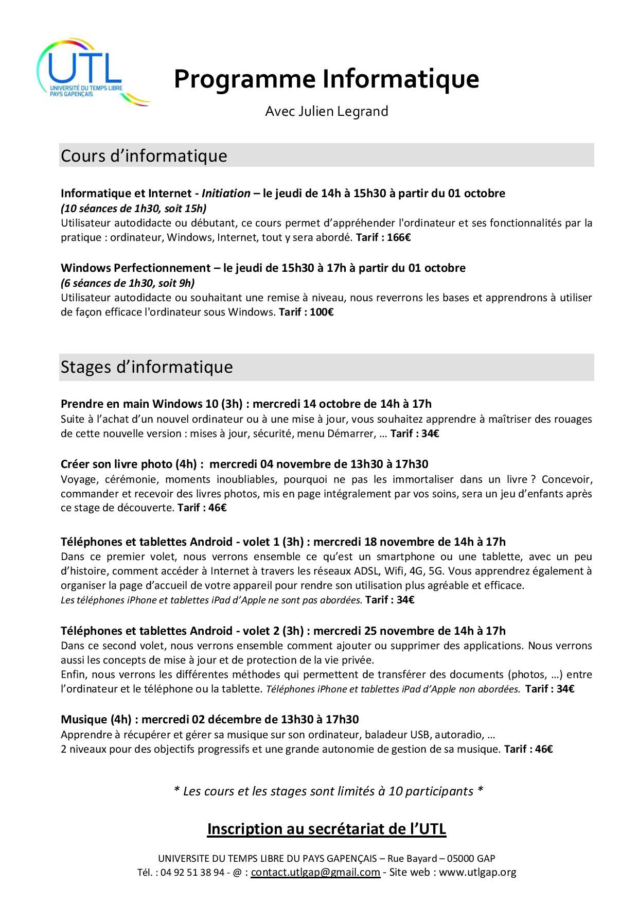Université du Temps Libre du Pays Gapençais - saison 2020-2021