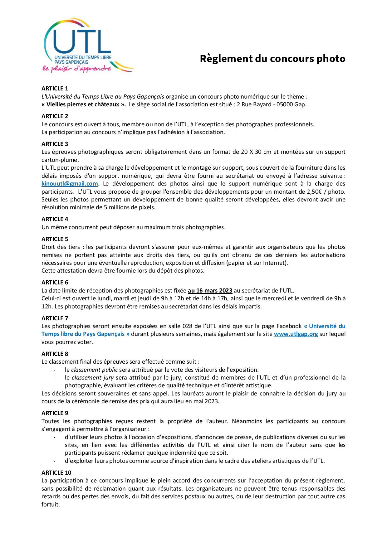 Règlement concours PHOTO 2023 