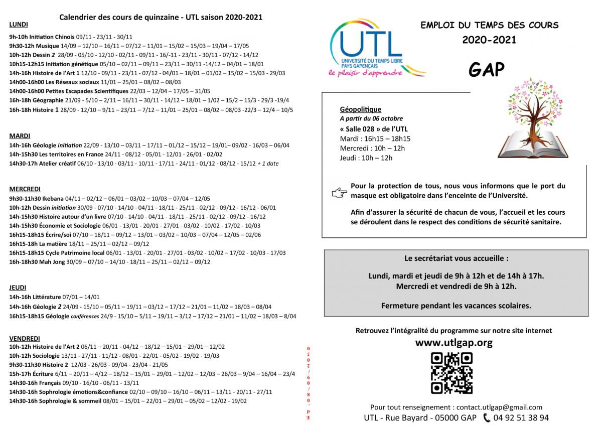 Université du Temps Libre du Pays Gapençais - Emploi du temps - Année 2020-2021